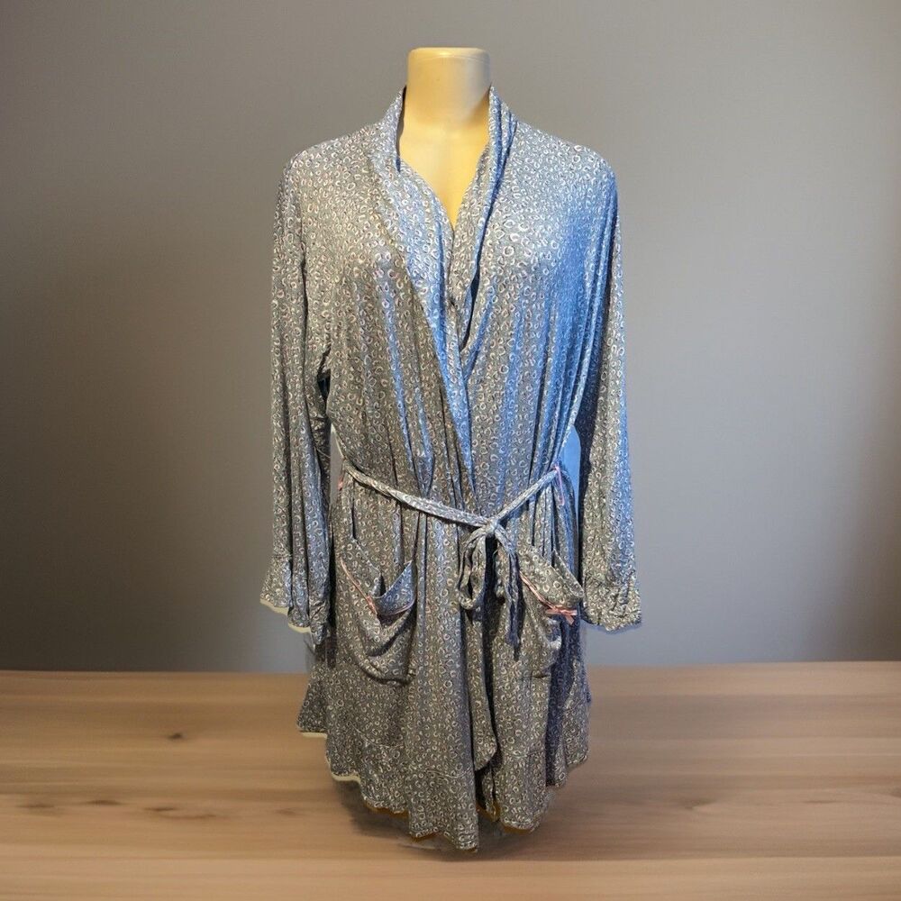 Room Service Gray Pink Leopard Robe Lounge Cardigan Tie Waist L XL